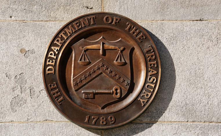 A bronze seal for the Department of the Treasury is shown at the US Treasury building in Washington
