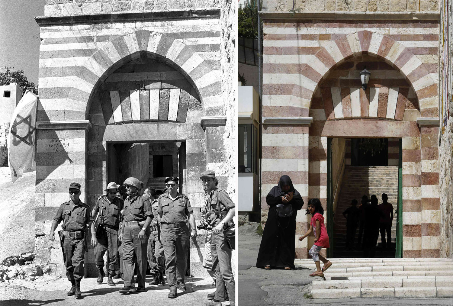 وزير الدفاع الاسرائيلي في عام 1967 موشيه دايان يتفقد قواته بعد احتلال الخليل في الضفة الغربية