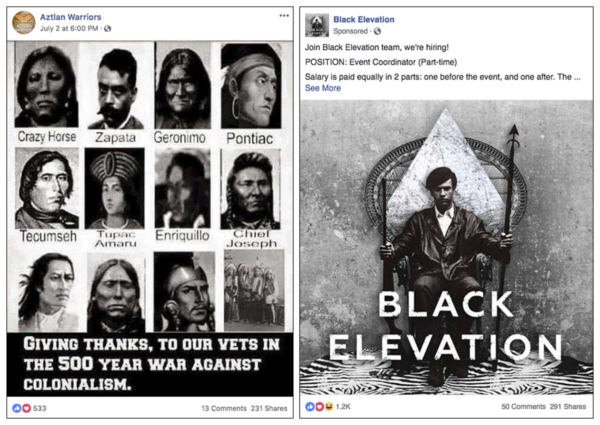 مجموعة من الصور التي قدمتها فيسبوك تظهر أمثلة من حسابات مشبوهة اكتشفها الموقع والتي يقول انها ربما يترتبط بروسيا بنية التأثير على السياسة الأميركية