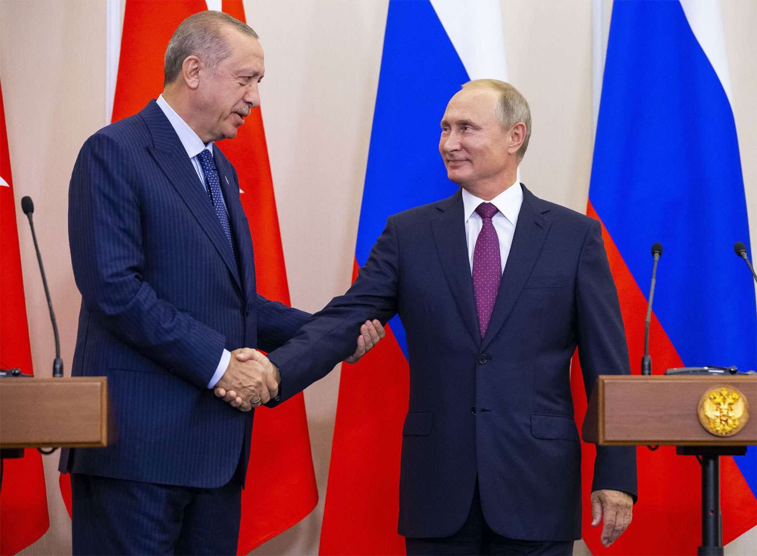 Russian President Vladimir Putin, right, and Turkish President Recep Tayyip Erdogan