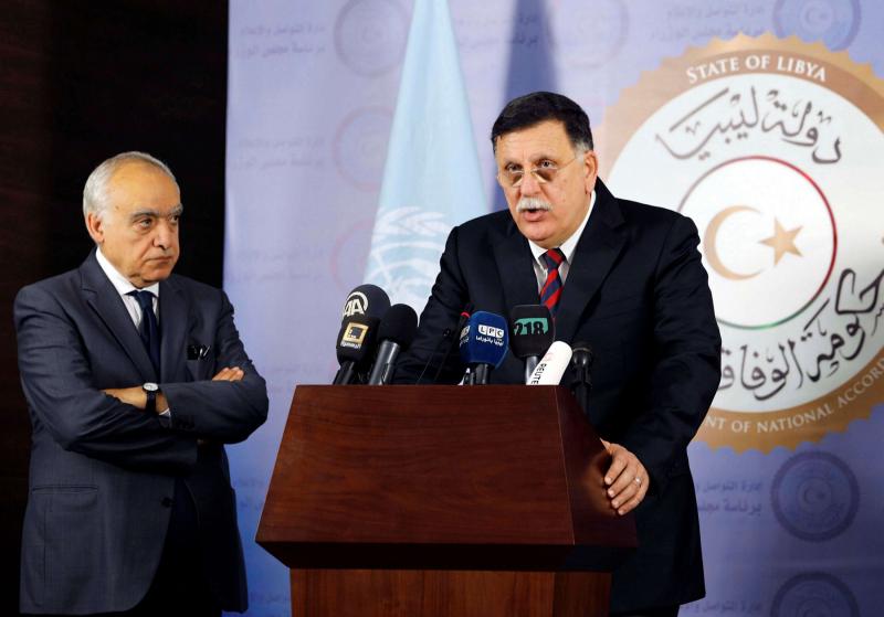 Head of Libyan Presidency Council Fayez al-Sarraj (R) speaks during a news conference with UN Envoy to Libya Ghassan Salame in Tripoli