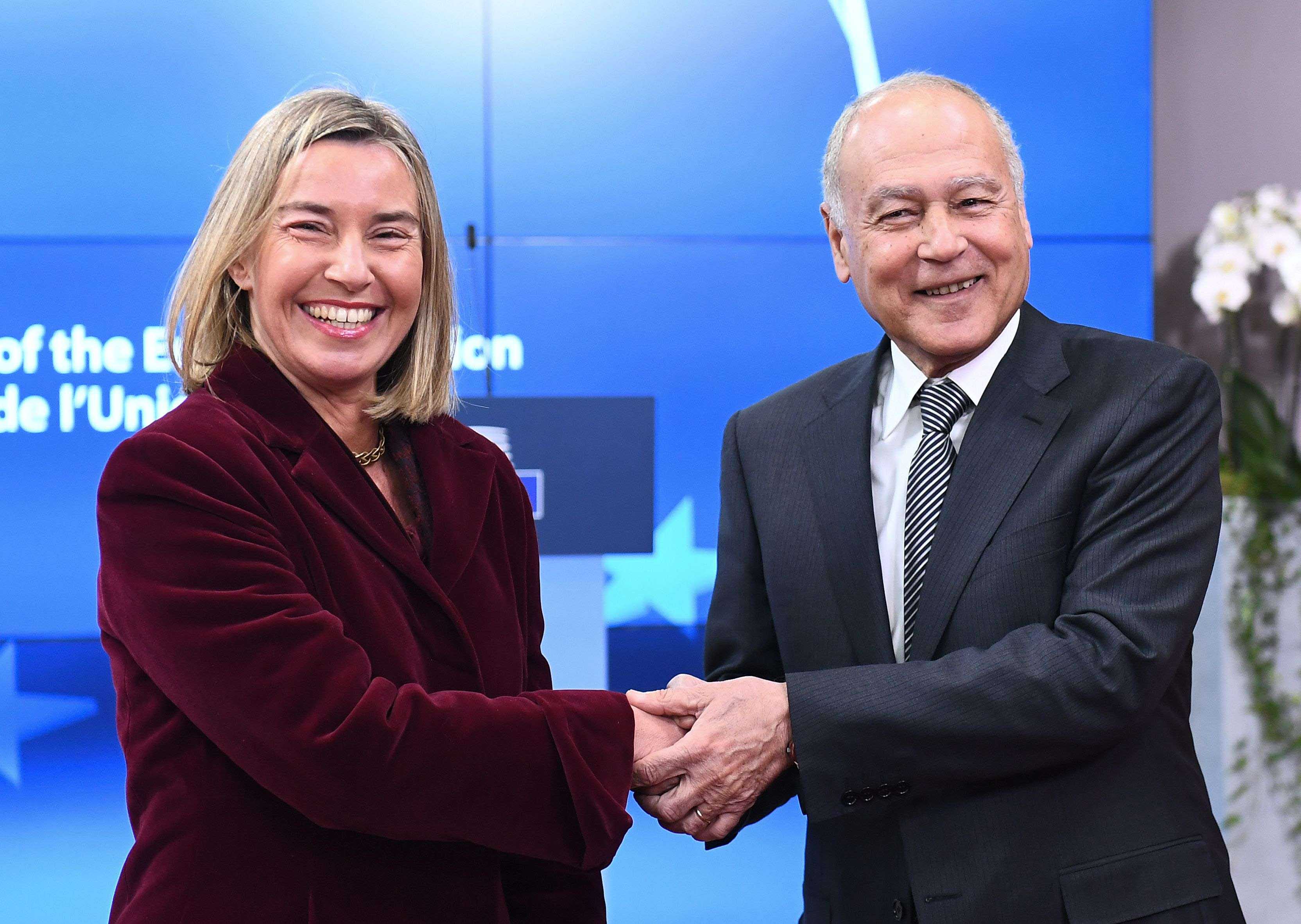  EU foreign policy chief Federica Mogherini (L) welcomes Arab League Secretary-General Ahmed Abul Gheit Ahmed Abul Gheit during a Foreign Affairs council at the European Council in Brussels, on February 26, 2018
