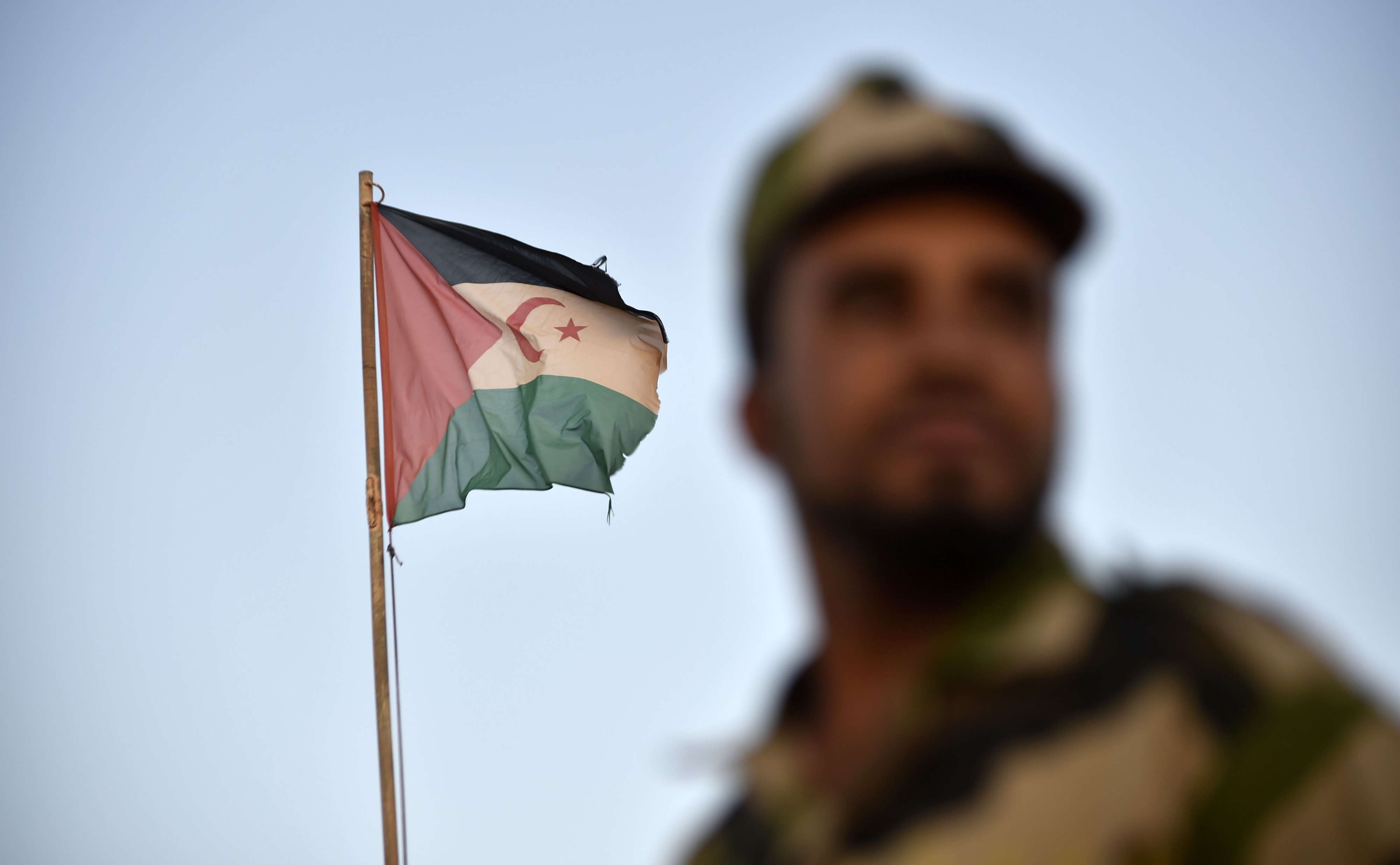 Uniformed soldiers of the pro-independence Polisario Front stand before a Sahrawi flag.