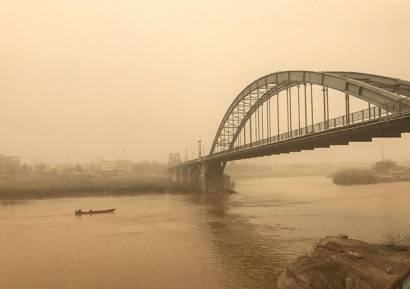 A general view of a bridge in the Iranian city of Ahvaz (also known as Ahwaz to its Arab inhabitants) during a sandstorm.