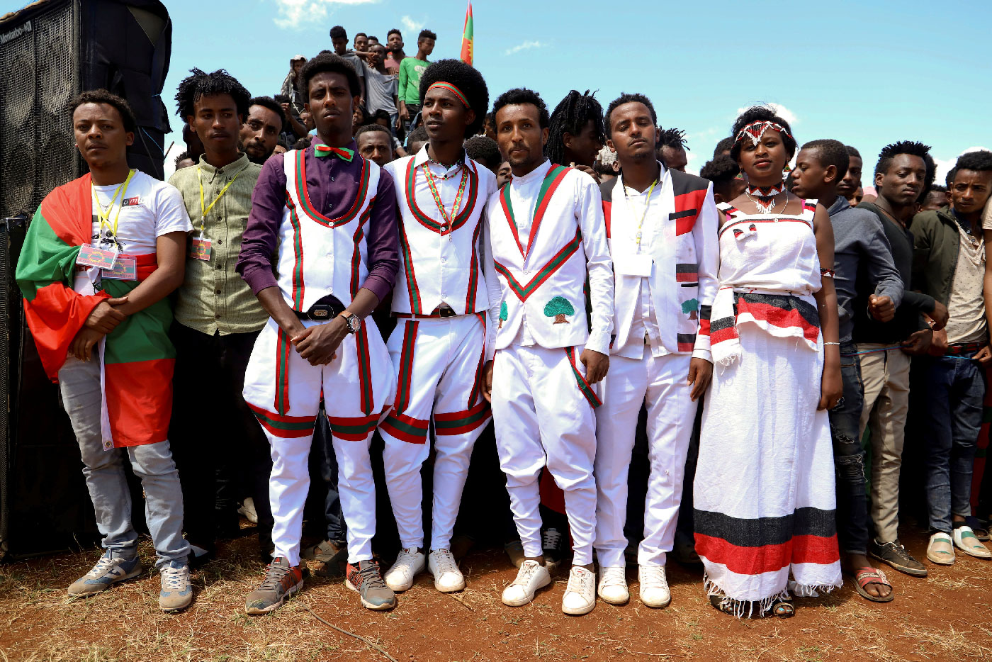 Youths wearing traditional Oromo costumes attend an Oromo Liberation Front (OLF) rally in the town of Woliso, Oromia Region, Ethiopia, October 21, 2018. 