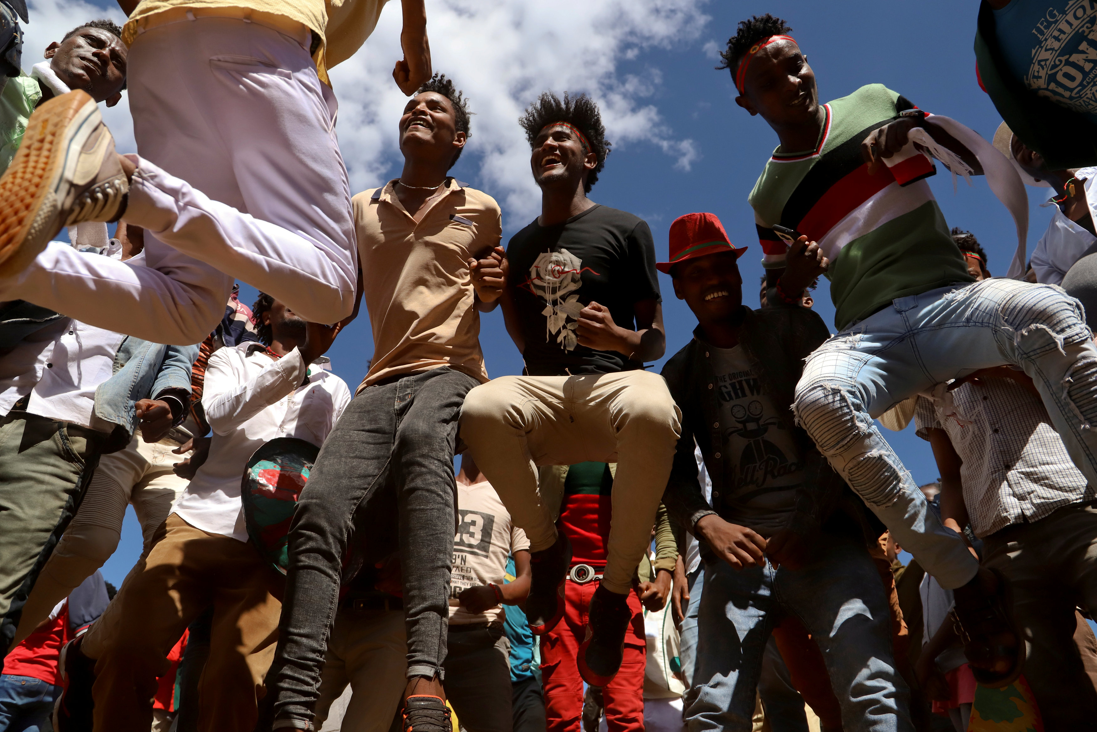 Youths dance during an Oromo Liberation Front rally in the town of Woliso, Oromia region.