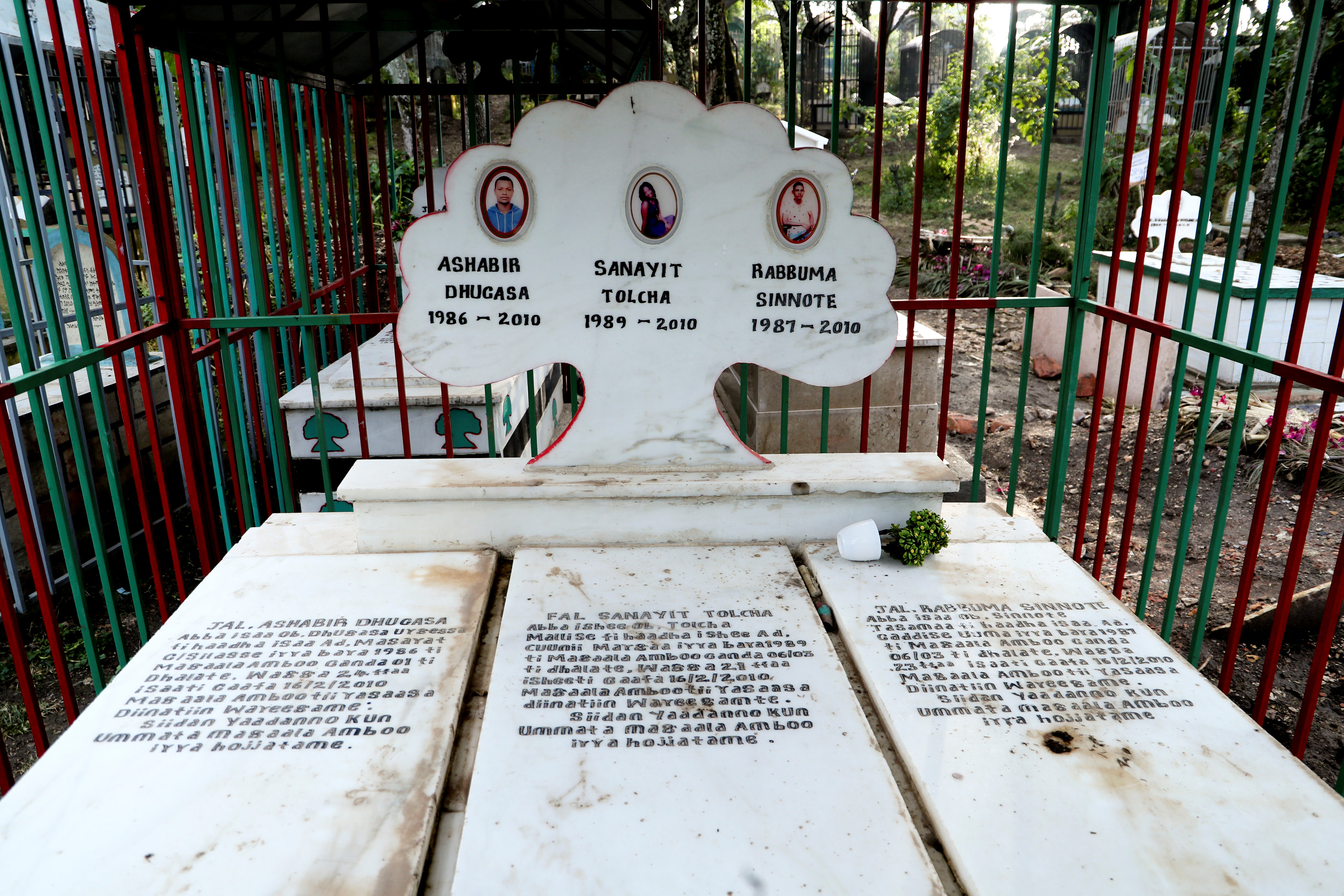 A gravestone for three young people from the Oromo ethnic group who were allegedly killed by Ethiopian security forces during protests.