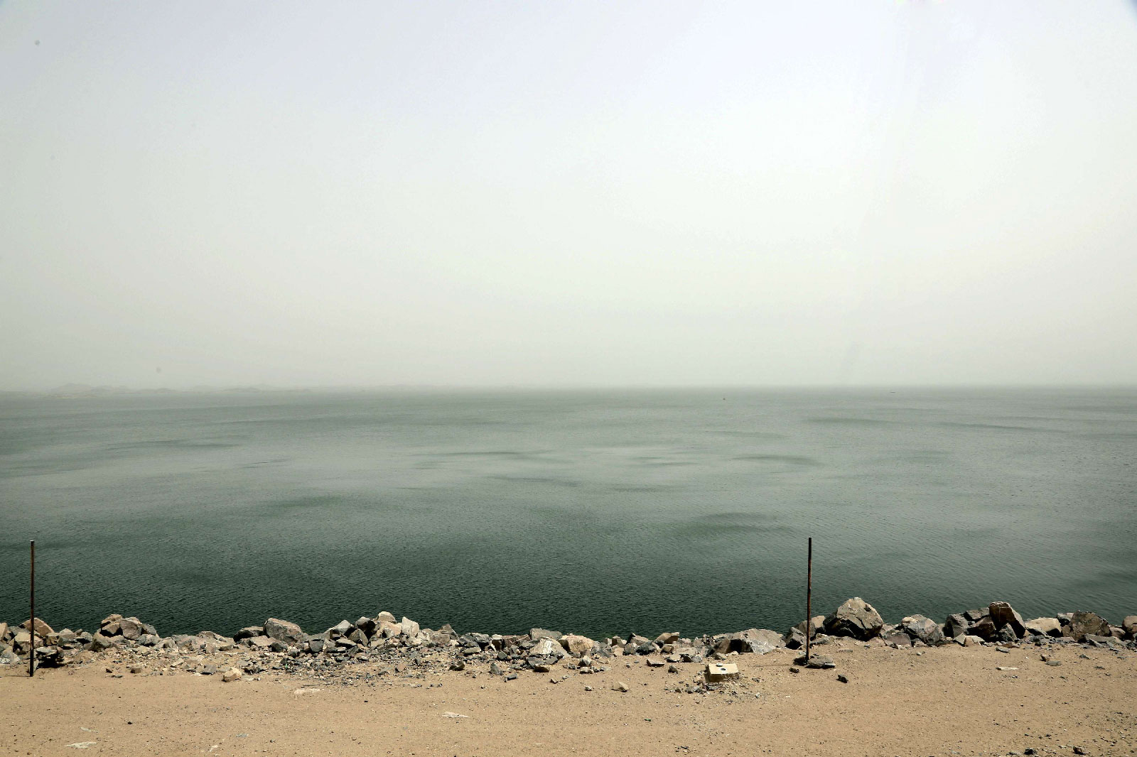 Lake Nasser, the other side of the high dam which flooded the Nubians' ancestral homeland in the 1950s and 1960s, in Aswan, Egypt.