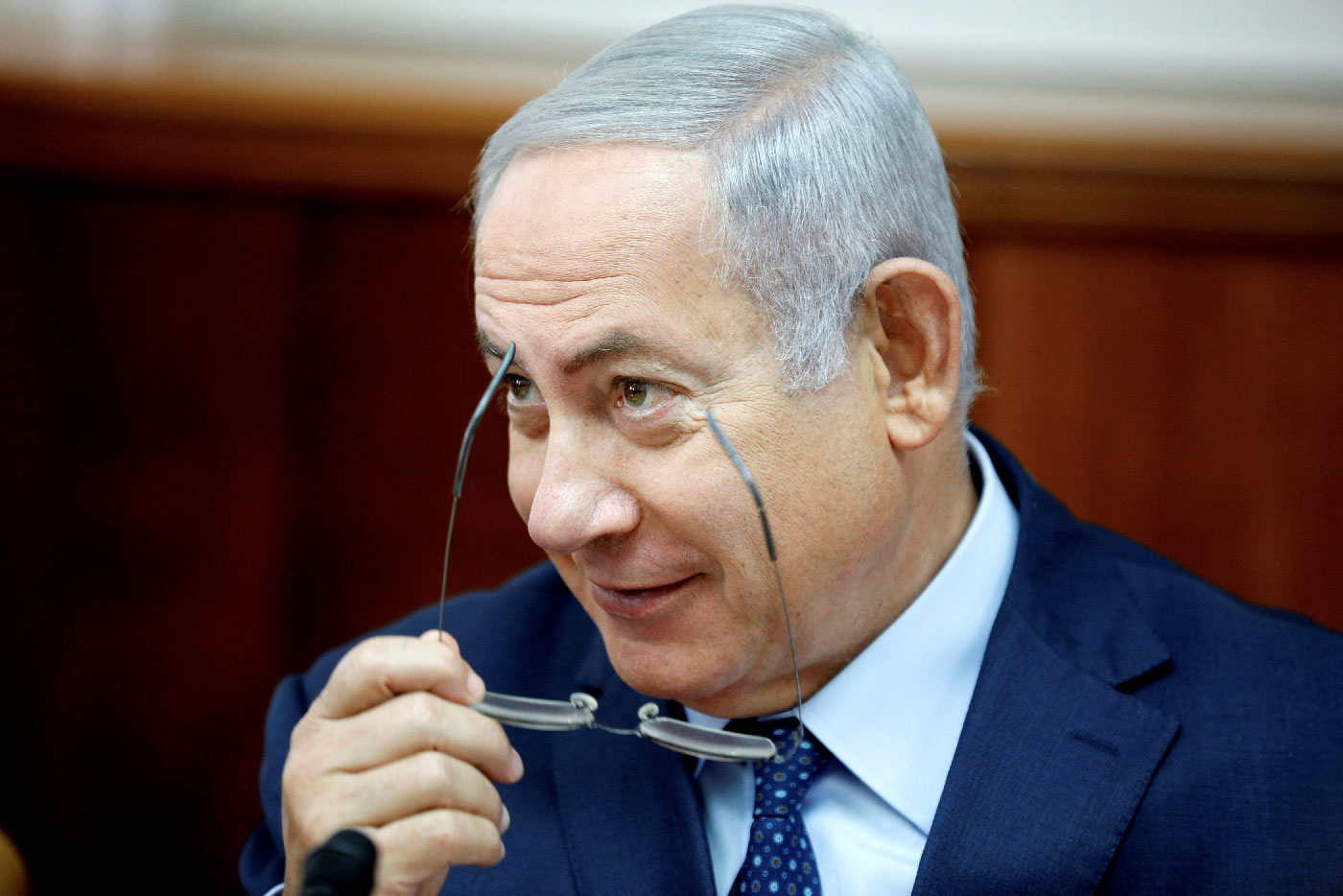 Israeli Prime Minister Benjamin Netanyahu attends the weekly cabinet meeting at his office in Jerusalem October 14, 2018.