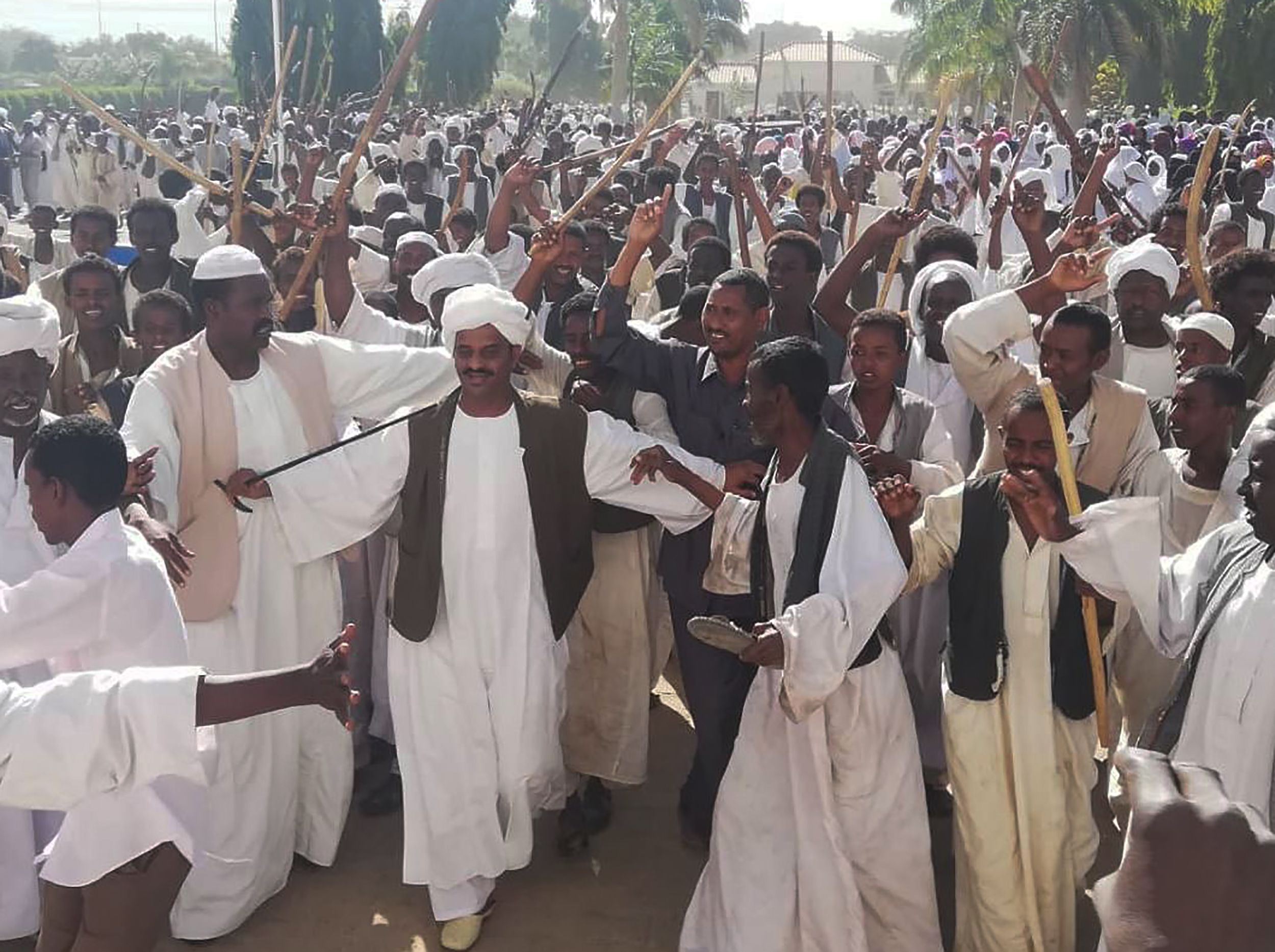 Crowds of supporters of the Sudanese President wave sticks as they gather in Sudan's eastern city of Kassala on January 7, 2019.