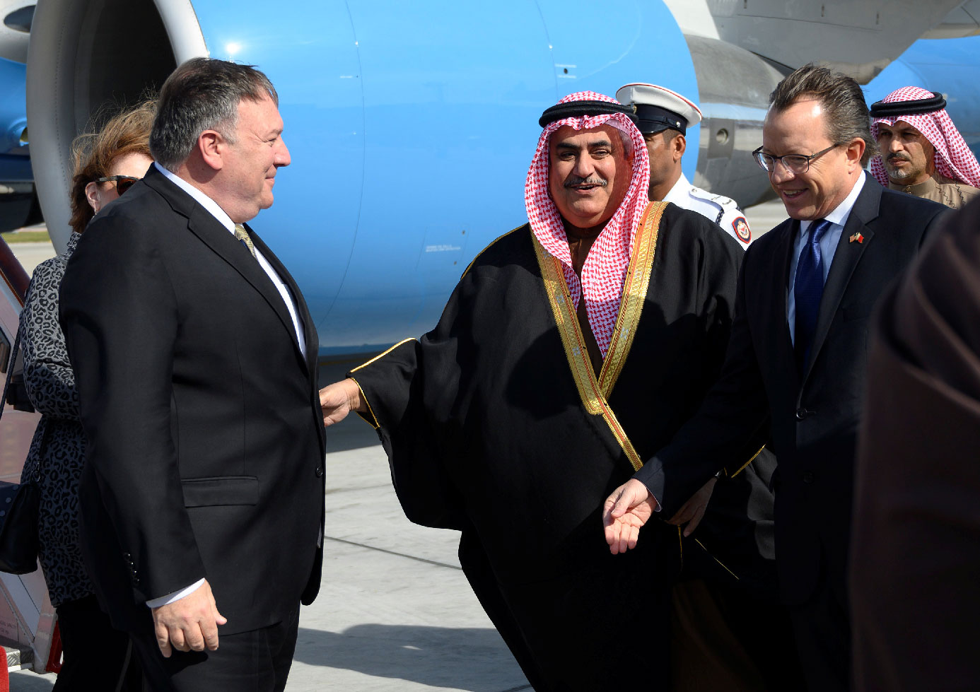 US Secretary of State Mike Pompeo is greeted by Bahraini Foreign Minister Khalid bin Ahmed Al Khalifa after arriving at Manama International Airport in Manama, Bahrain, January 11, 2019.