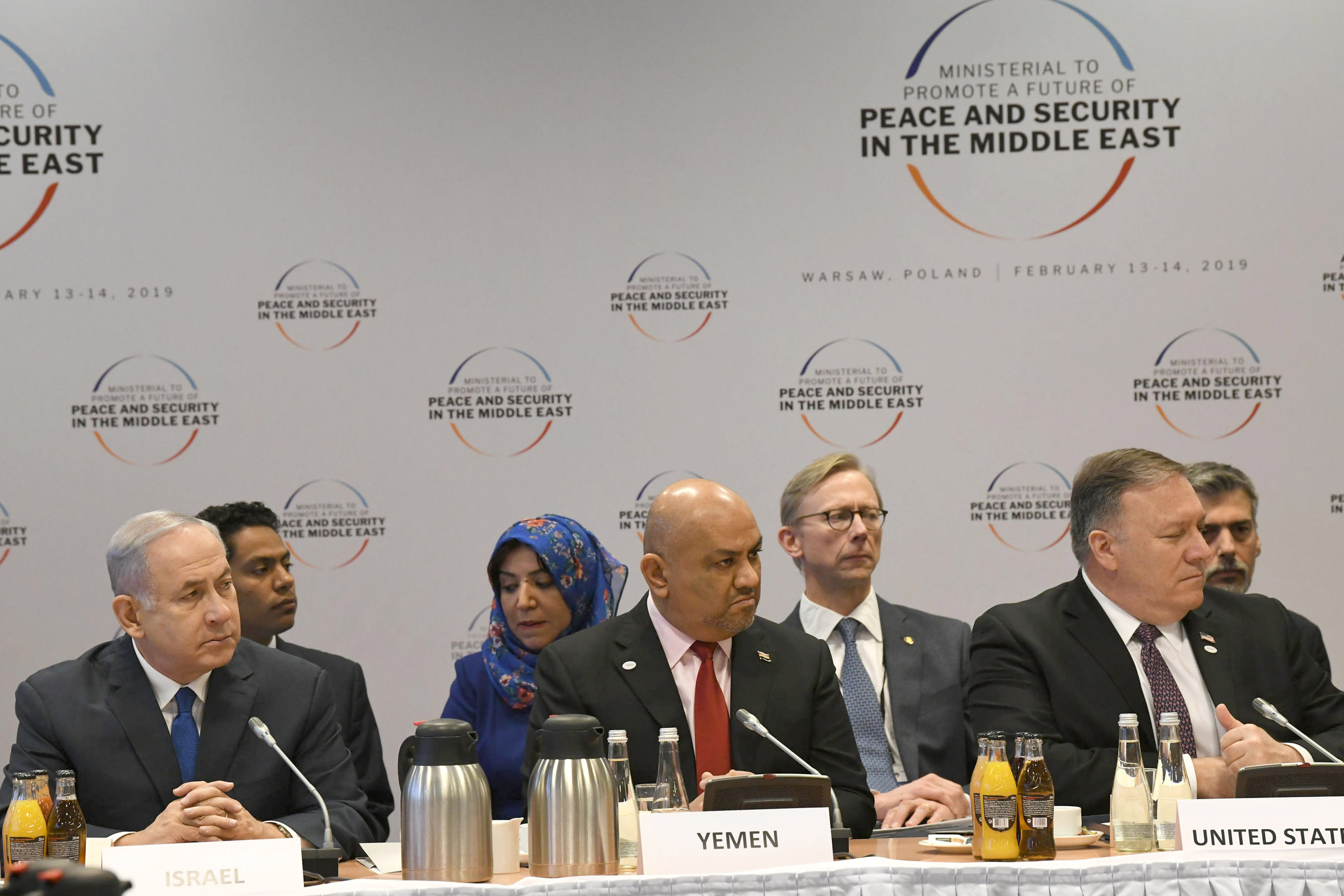 Israeli Prime Minister Benjamin Netanyahu (L-R), Minister of Foreign Affairs of Yemen Khaled al-Yamani, and US Secretary of State Mike Pompeo attend the Warsaw Peace and Security in the Middle East conference.