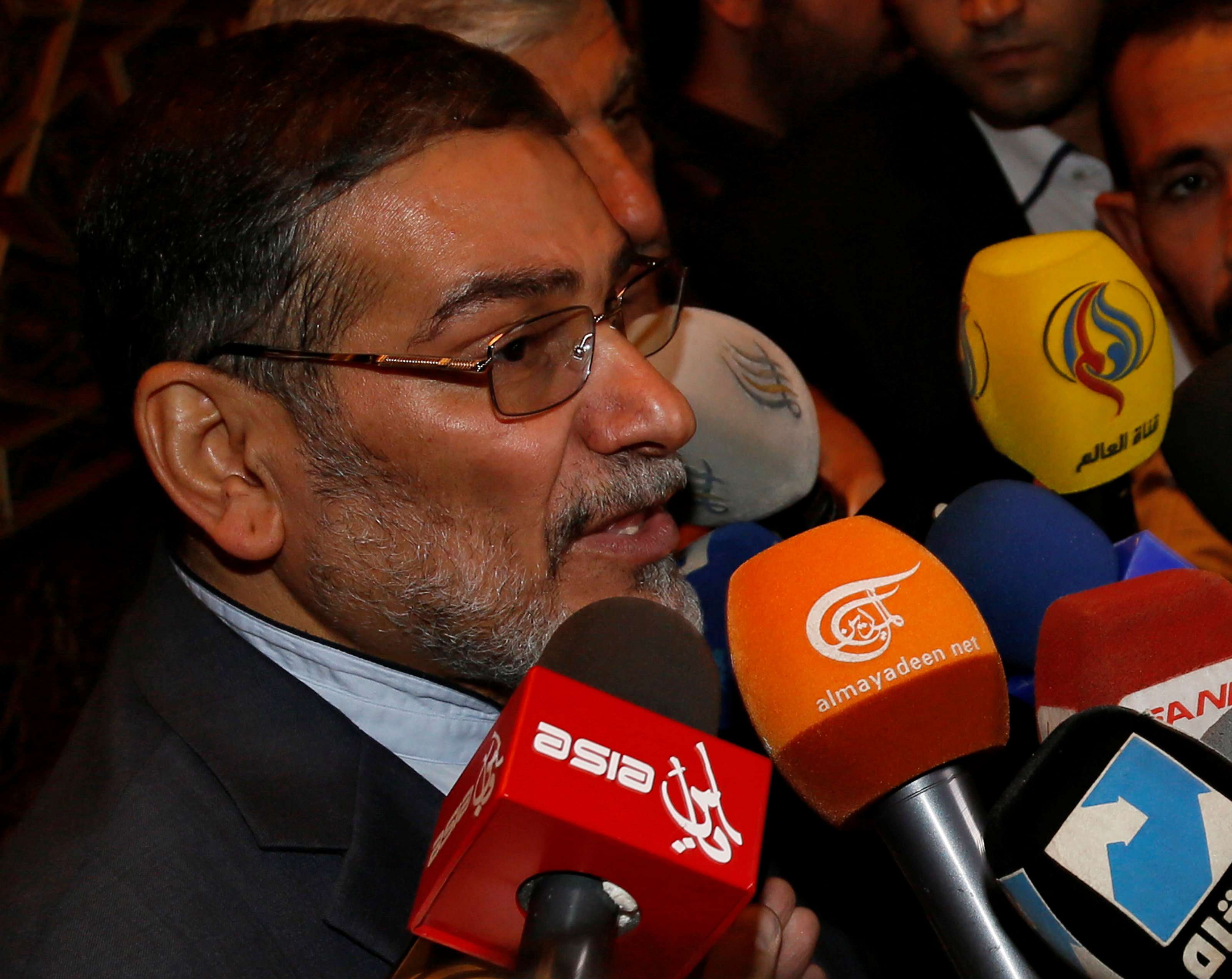 Admiral Ali Shamkhani, Iran's Supreme National Security Council Director, speaks to the media after his arrival at Damascus airport, September 30, 2014.