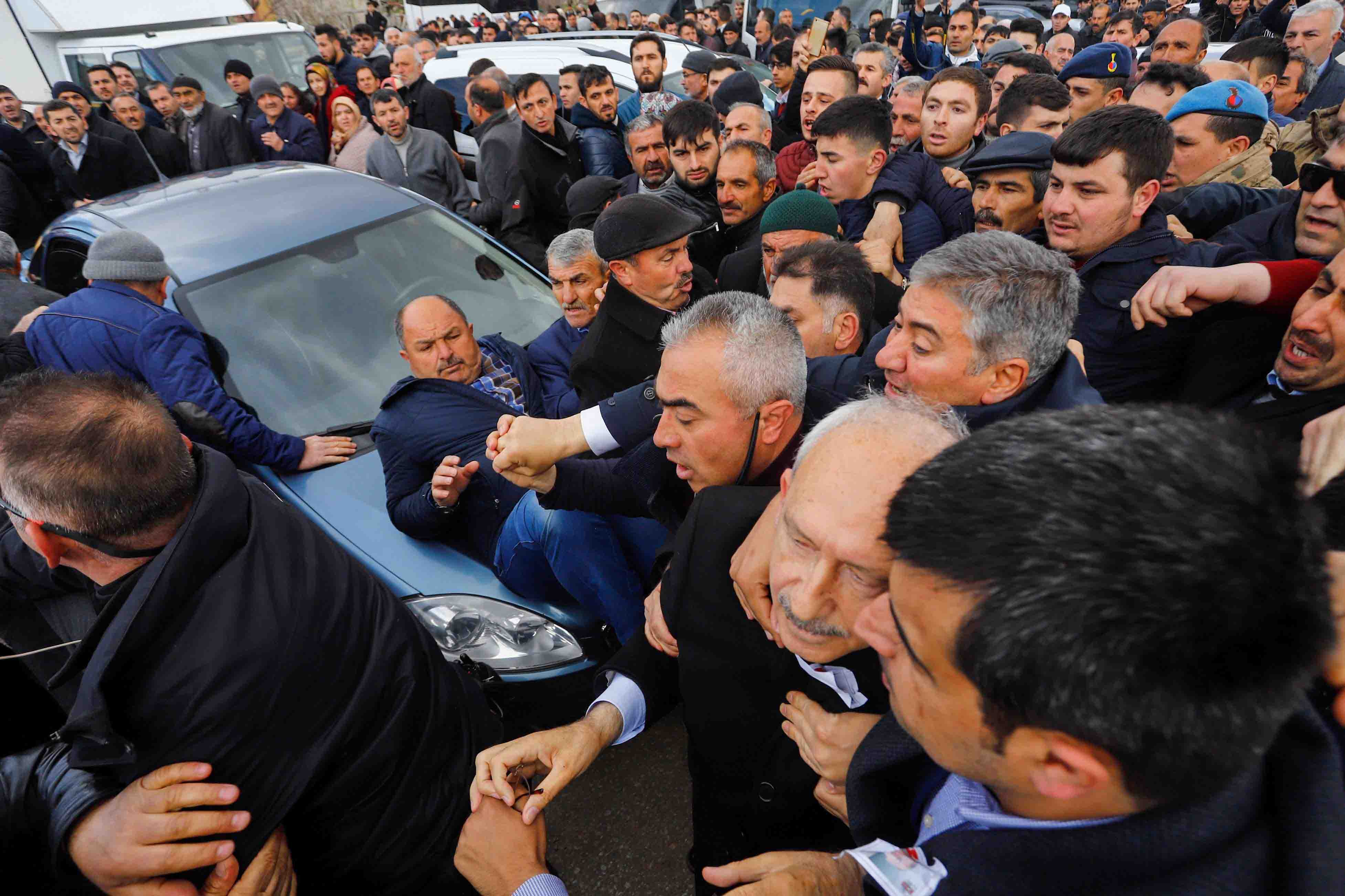 Video of the incident on social media showed a mob pushing and shoving around Kilicdaroglu