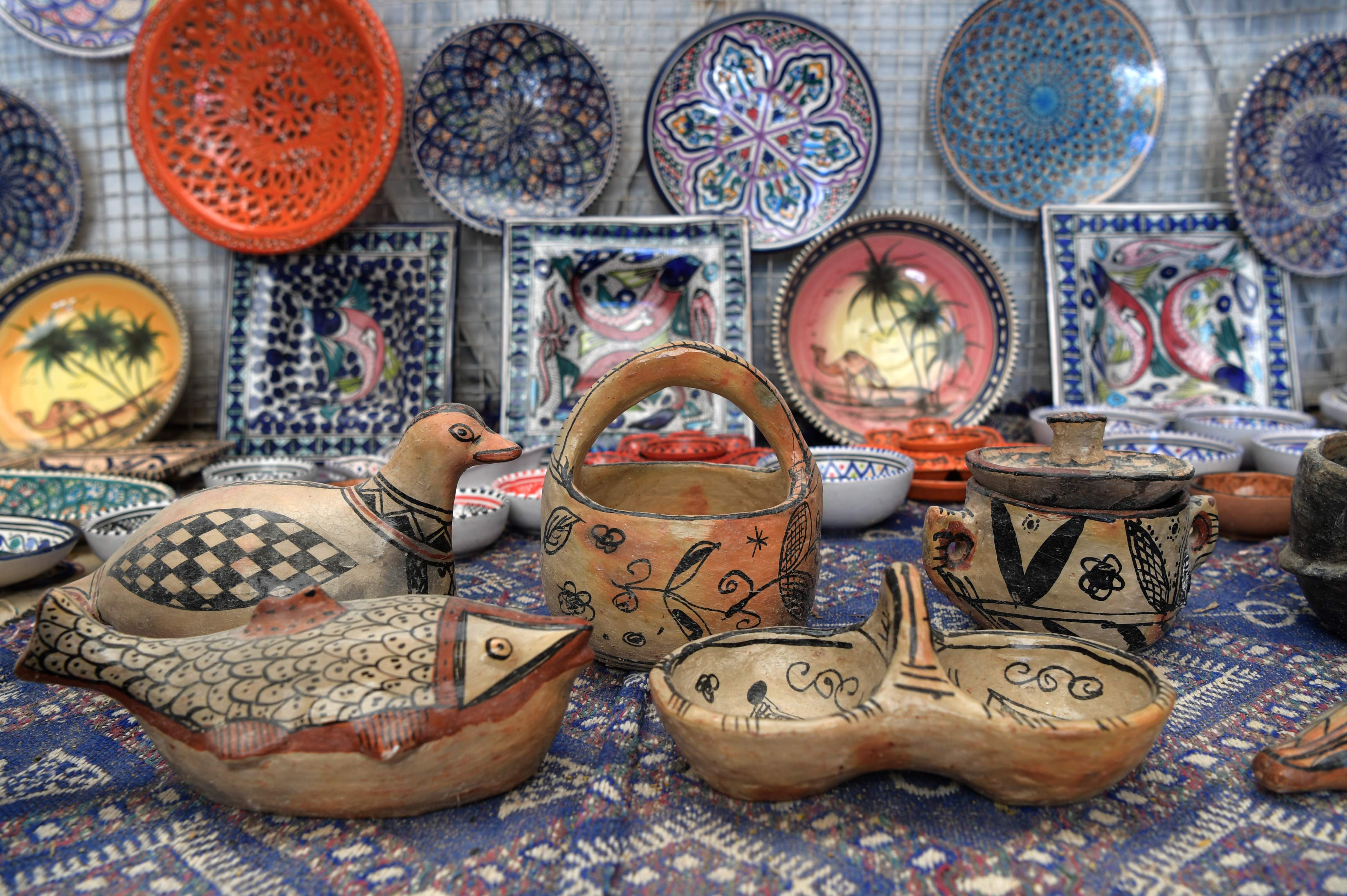 Pottery crafted in Sejnane is displayed at a souvenir shop in the Tunisian capital Tunis