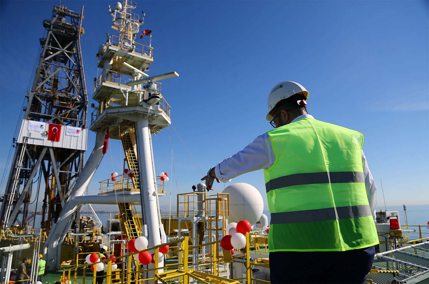 A crew member is seen on board Turkish drilling vessel Fatih off the Mediterranean resort city of Antalya