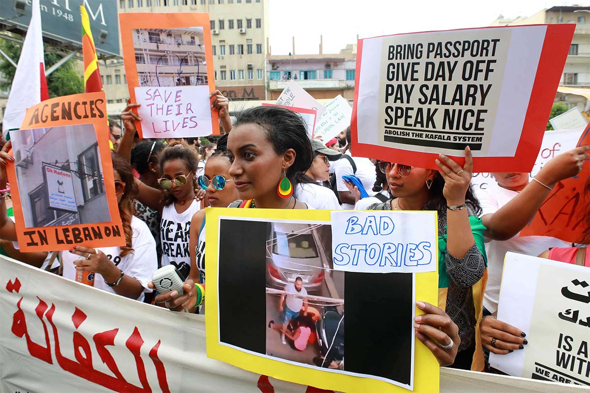 Migrant domestic workers from various nationalities demonstrate in Beirut to protest against abuses and ask for law protection