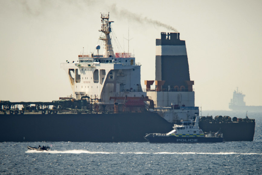 Royal Marine patrol vessel is seen beside the Grace 1 super tanker in the British territory of Gibraltar