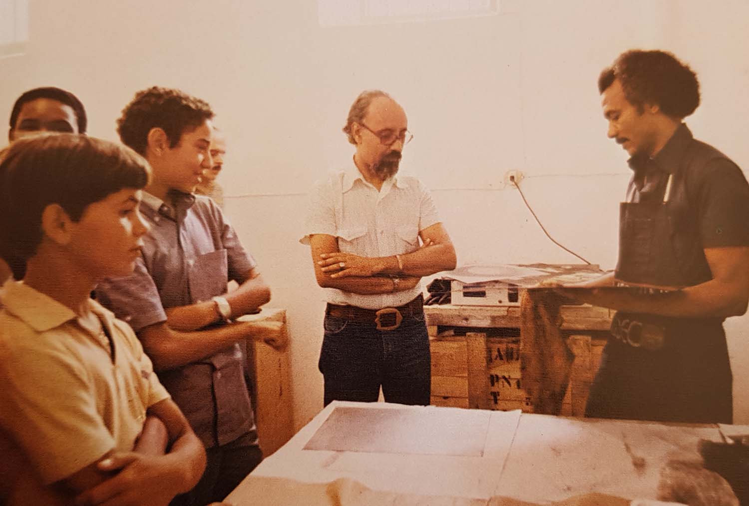 King Mohammed VI visiting a workshop on his first visit to Assilah in 1978