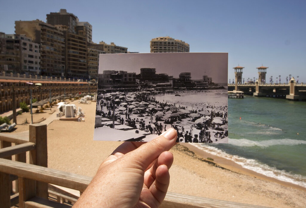 Cement barriers reinforce the sea wall near the Citadel of Qaitbay in Alexandria