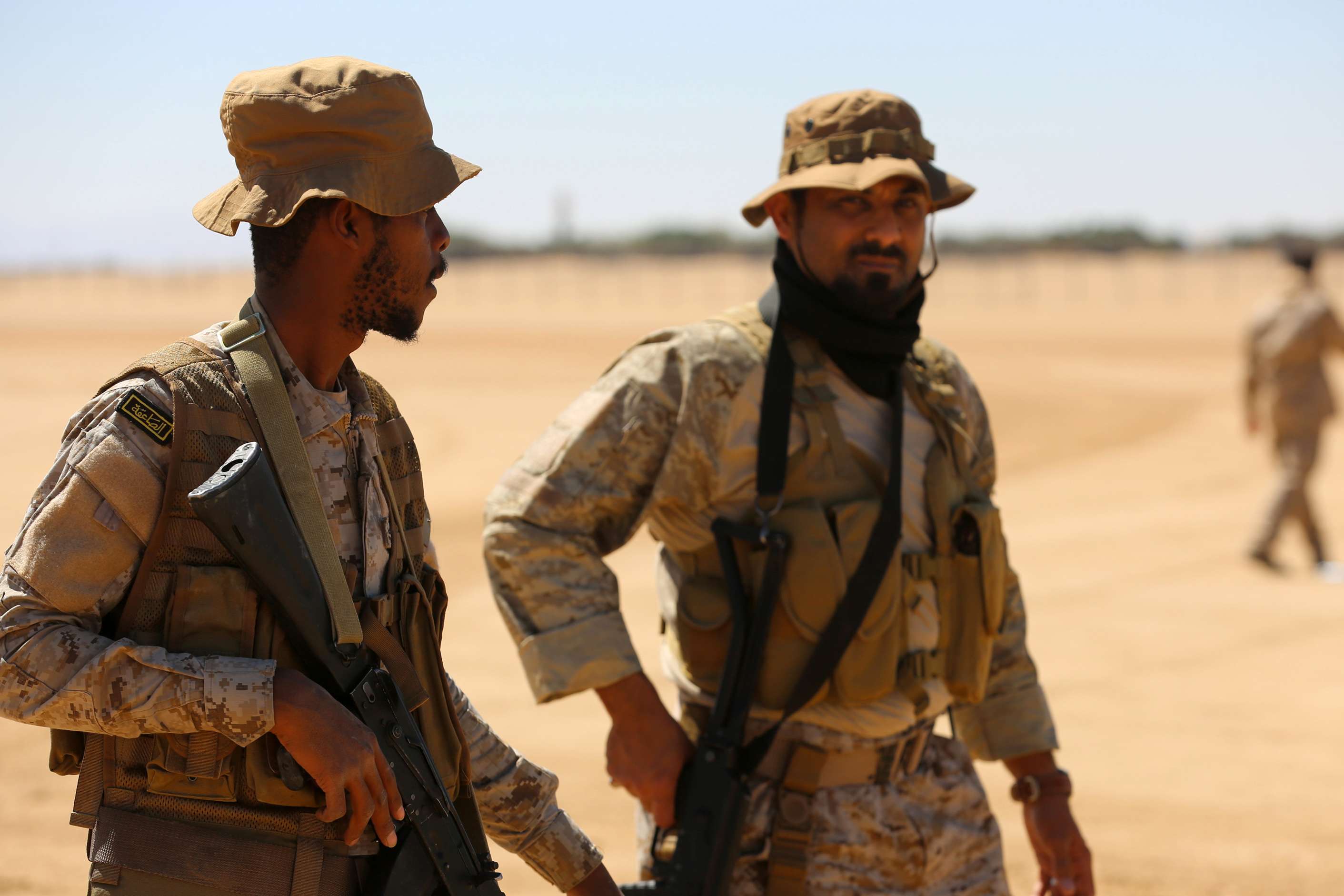 Saudi soldiers stand guard in Yemen's central province of Marib
