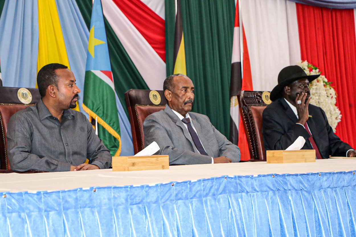 (From L) Ethiopian Prime Minister Abiy Ahmed, President of Sudanese Transitional Council General Abdel Fattah al-Burhan and President of South Sudan Salva Kiir