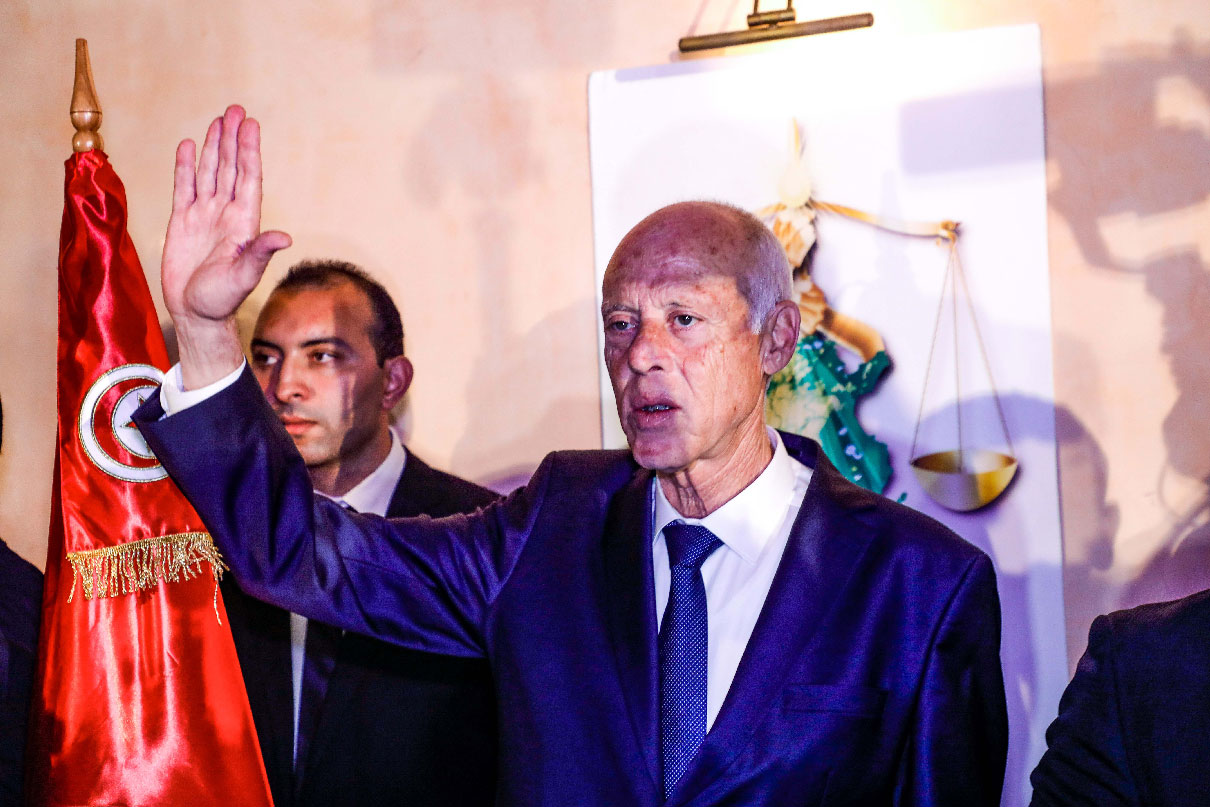 Kais Saied speaks during a press conference after winning Tunisia's presidential run-off