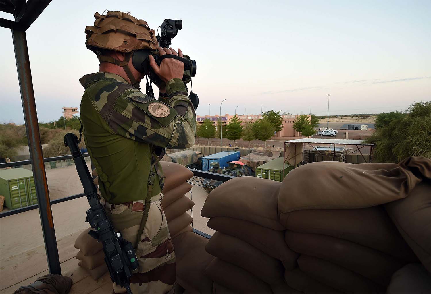 French soldier standing guard at the Paskal camp at Timbuktu's airport