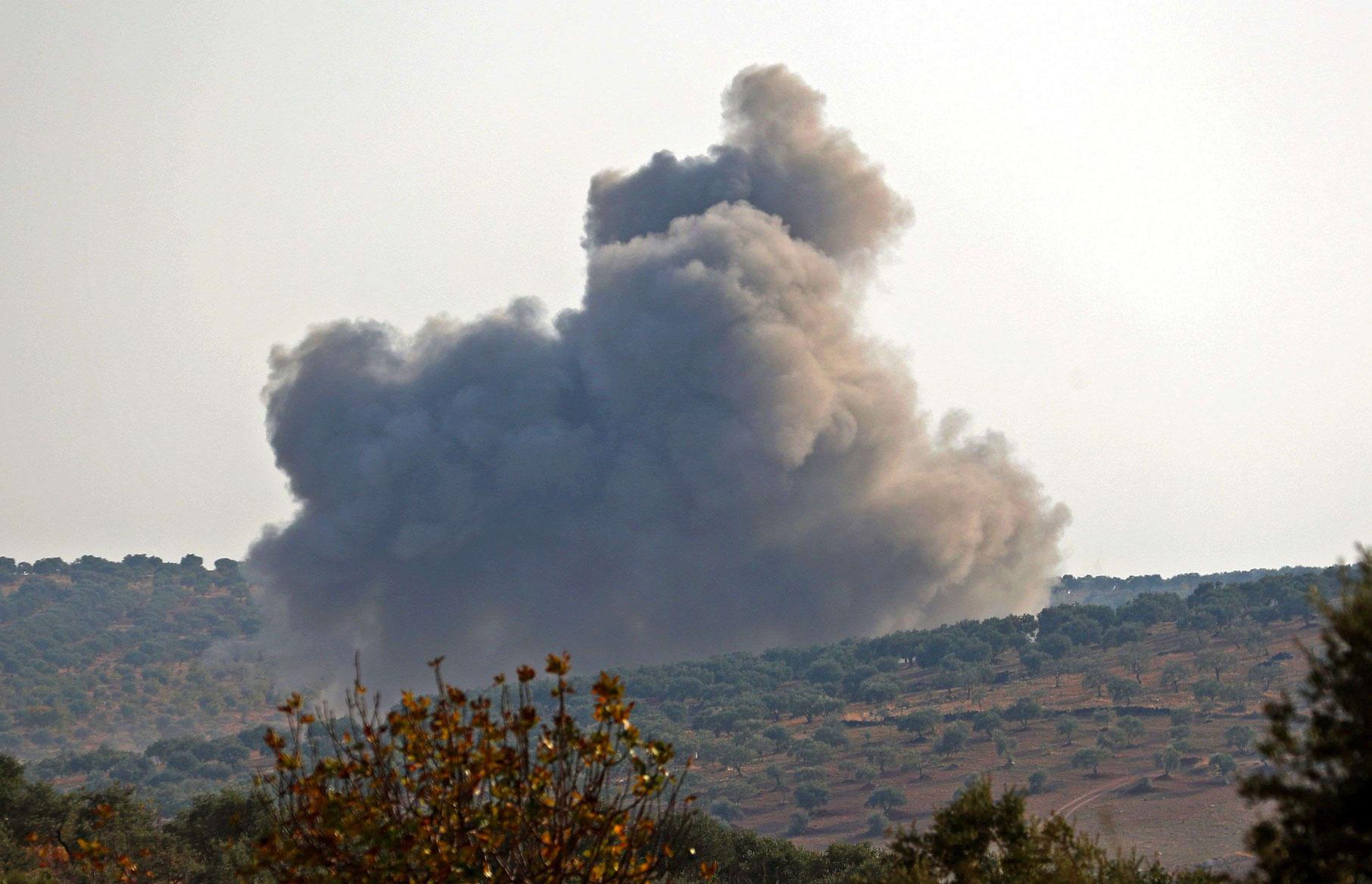 On Sunday morning, clouds of smoke rose over the Maaret al-Numan region as warplanes pounded jihadists and allied rebels