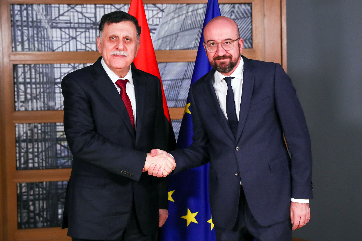 Libya's Fayez al-Sarraj meets European Council President Charles Michel in Brussels