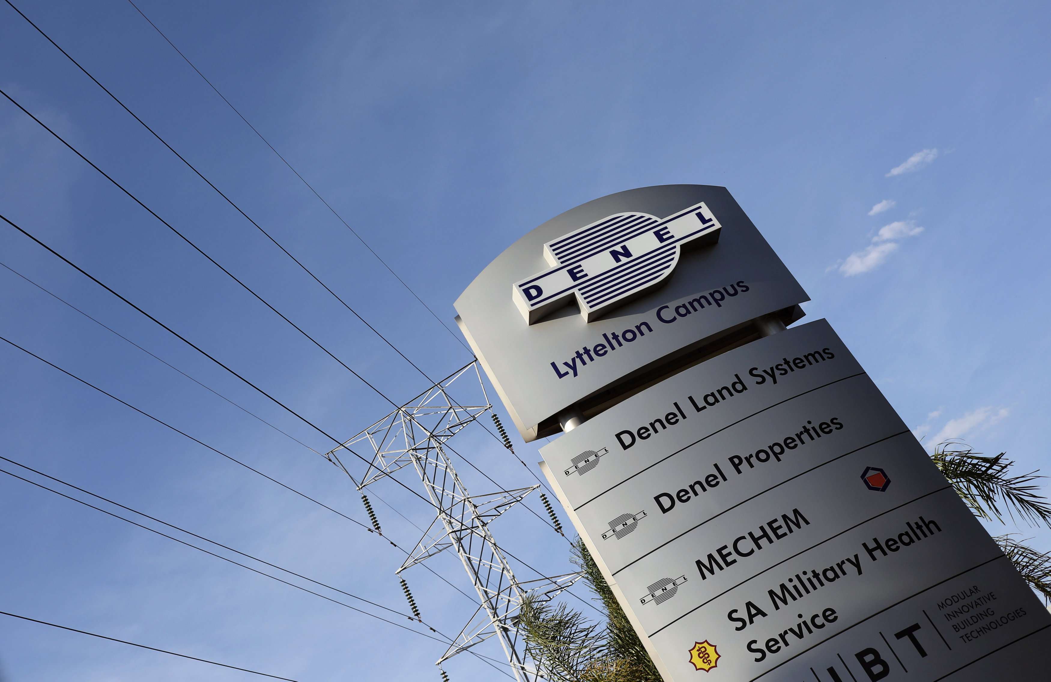 A Denel company logo is seen at the entrance of their business divisions in Pretoria, South Africa