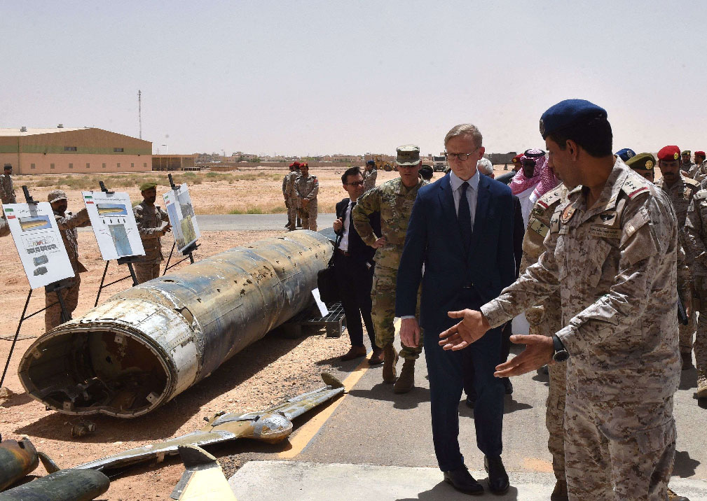 US officials are shown allegedly Iranian-made Huthi missiles and drones intercepted over Saudi territory
