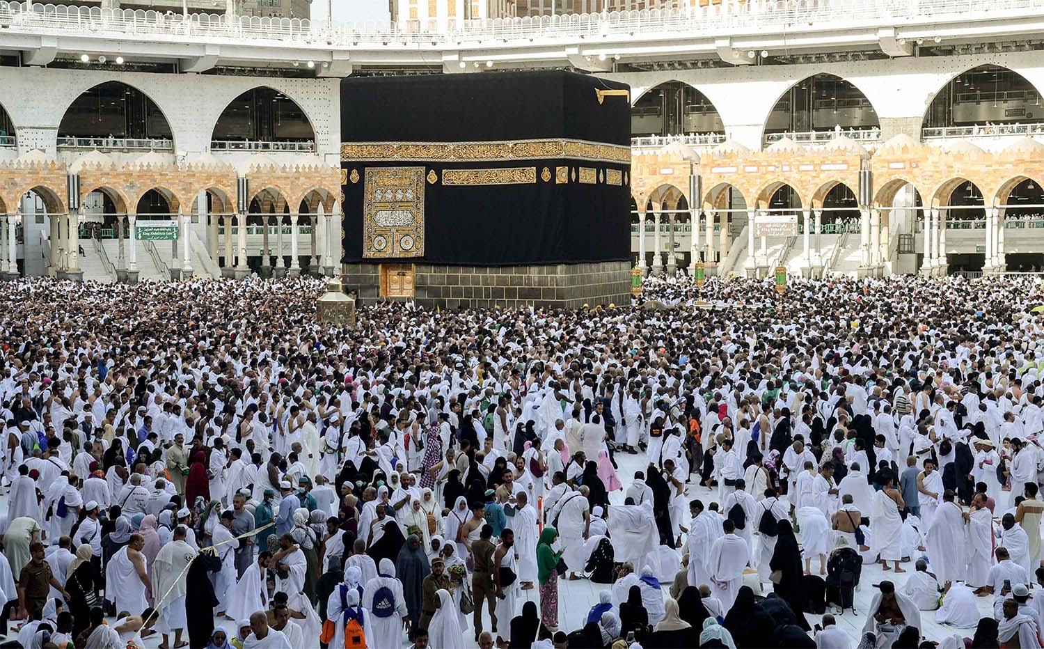 Muslim pilgrims performing the Tawaf al-Ifada at the Grand Mosque in Mecca