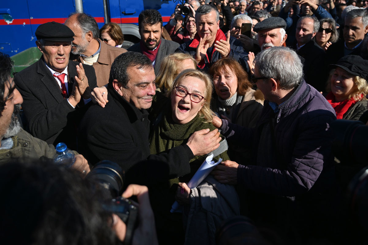 Activists celebrate outside the Silivri Prison and Courthouse complex