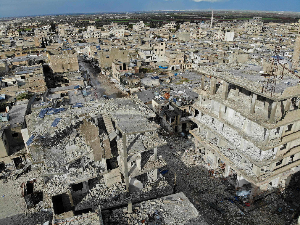 an aerial view of the town of Sarmin, about 8 kilometres southeast of the city of Idlib