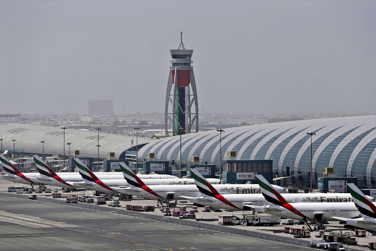 Grounded Emirates Airline planes pictured at Dubai International Airport