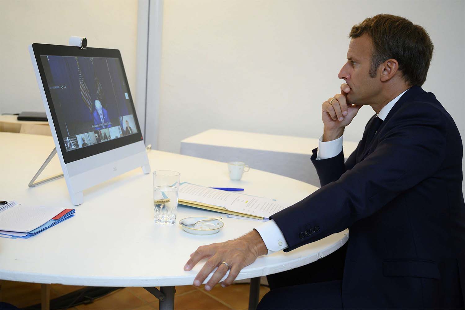 Sunday’s donor teleconference was hosted by French President Emmanuel Macron