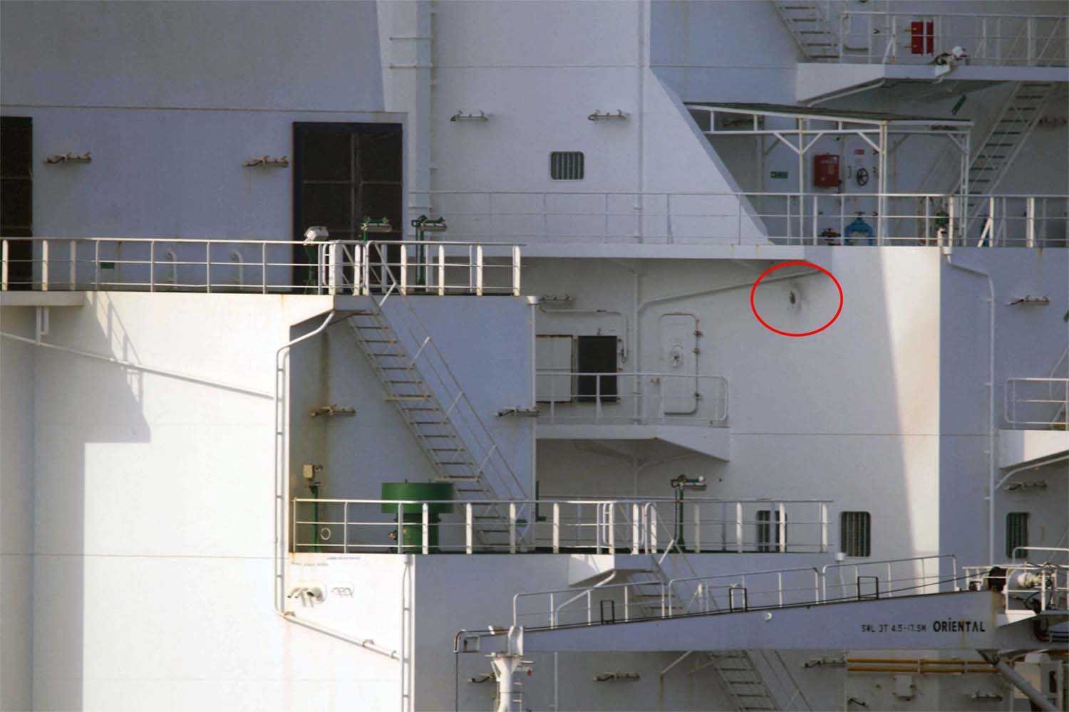 Damage sustained by M/T Richmond Voyager after an Iranian naval vessel fired multiple rounds 