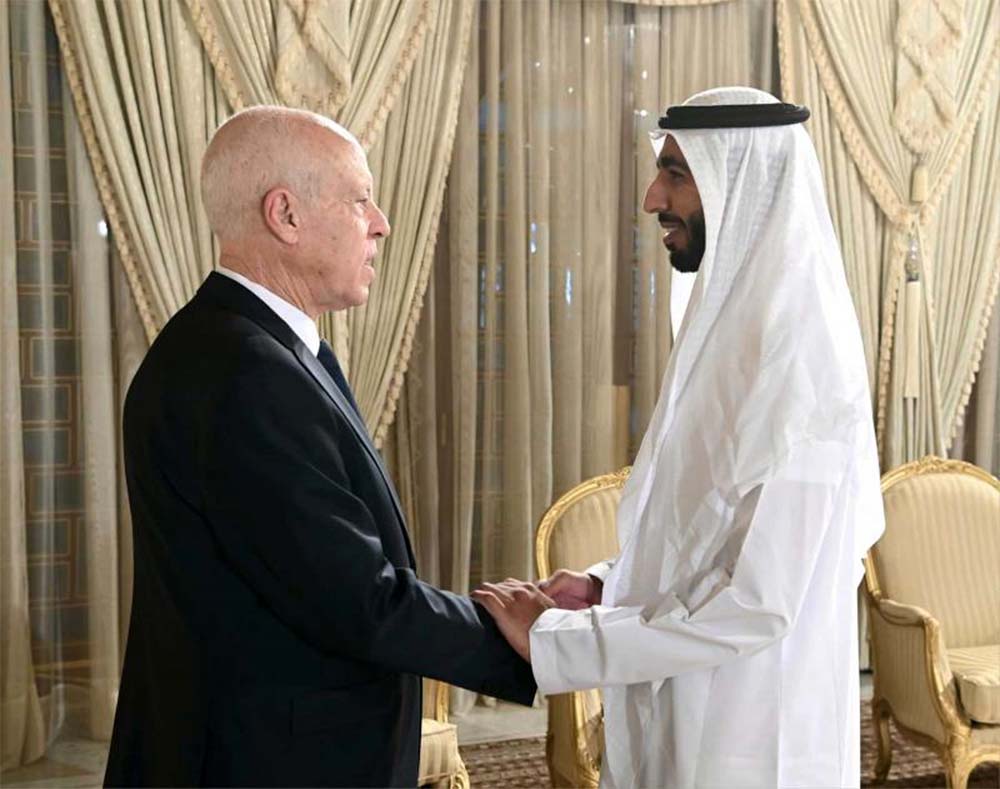 Tunisian President Kais Saied receives the UAE Minister of State in the Ministry of Foreign Affairs and International Cooperation Sheikh Shakhboot Nahyan al-Nahyan at the Carthage Palace in Tunis, August 4