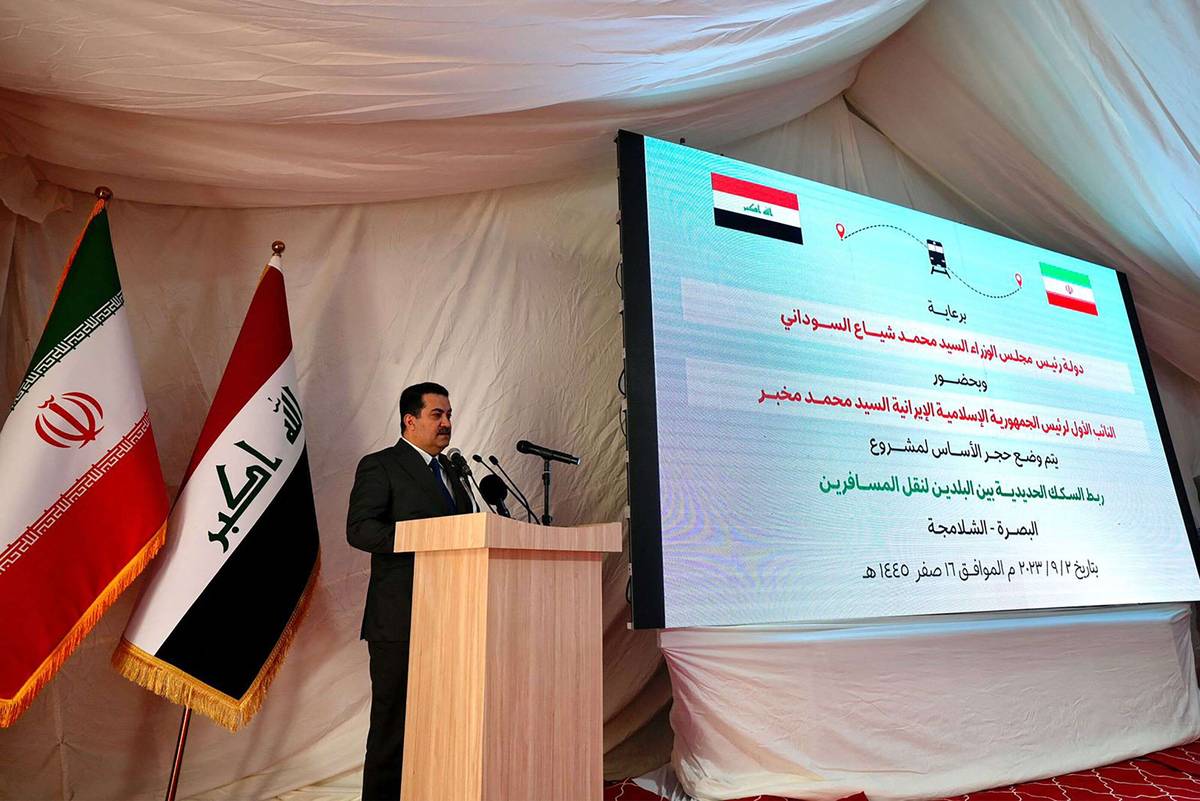 رئيس الوزراء العراقي محمد شياع السوداني في حفل وضع حجر الأساس للربط السككي بين العراق وإيران
