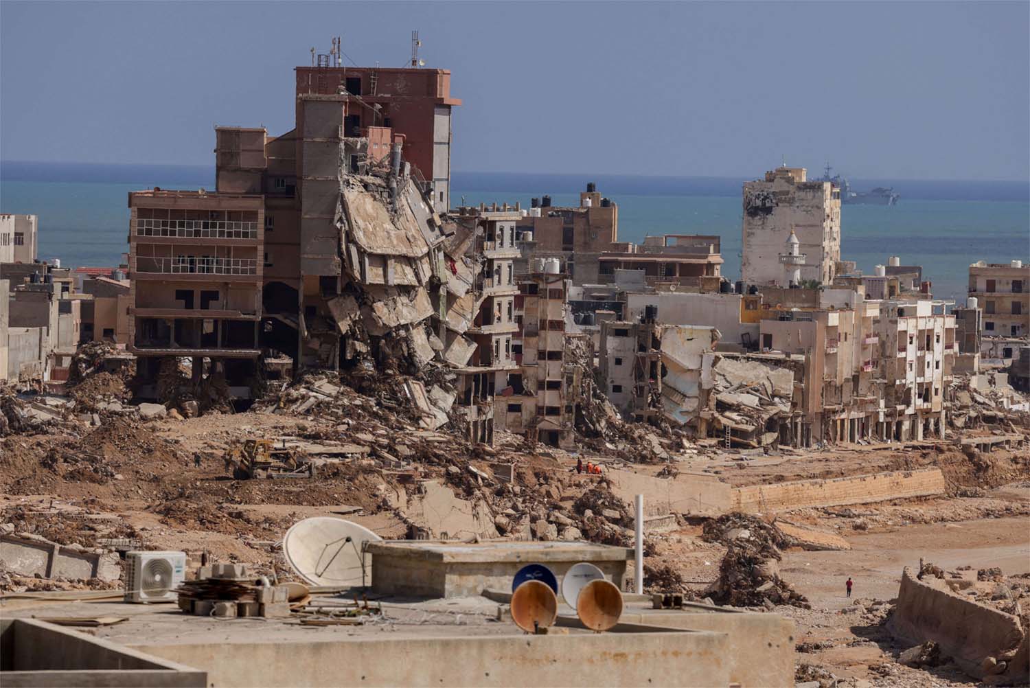 A view shows destroyed buildings in the aftermath of the the deadly storm that hit Derna, in Libya