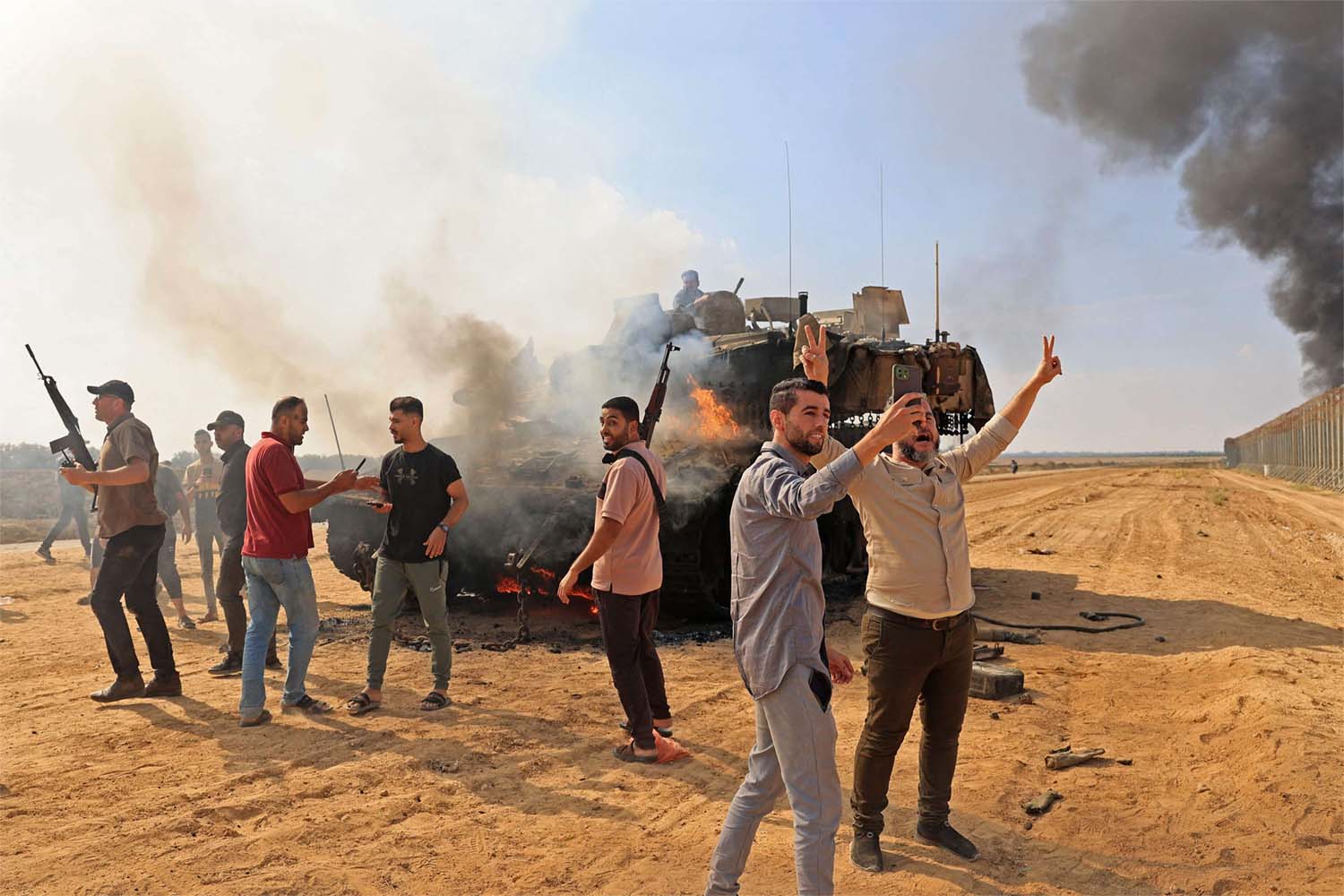 A destroyed Israeli tank by Palestinian fighters