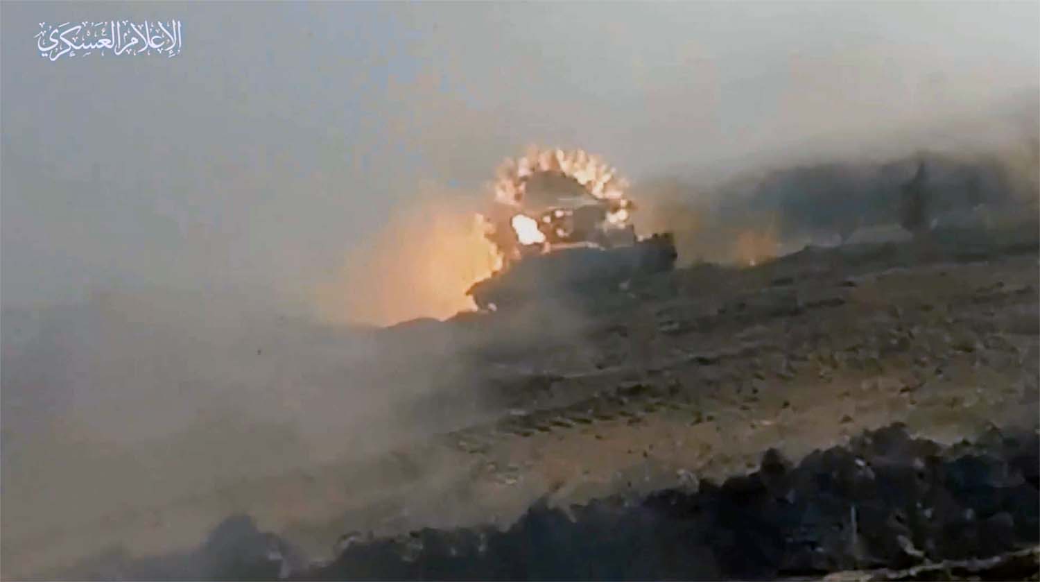 View of what Hamas described as a anti-armor shells fired toward Israeli tanks and vehicles in Gaza in this still image from video
