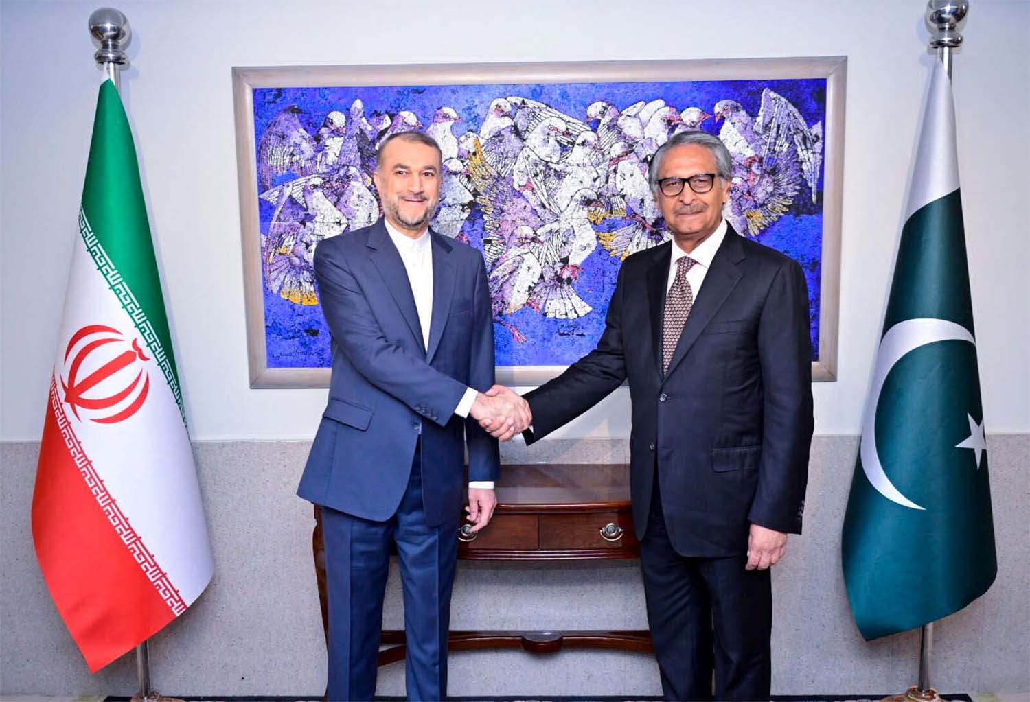 Pakistan's caretaker FM Jalil Jilani shakes hands with Iran's FM Hossein Amir-Abdollahian in Islamabad