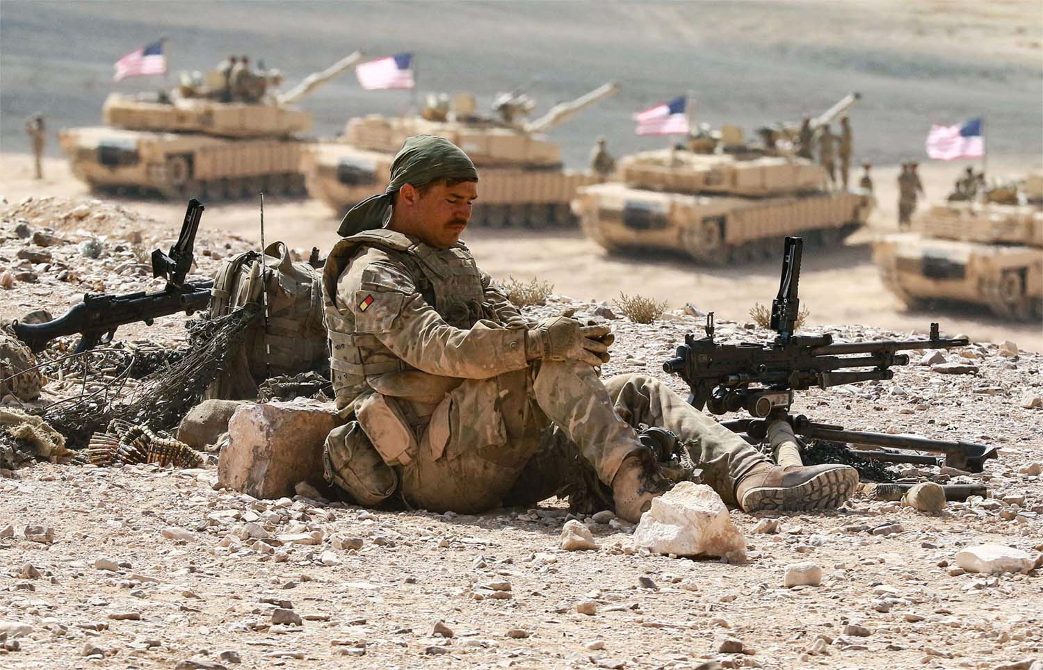 A US soldier takes part in the Eager Lion multinational military manoeuvre in Jordan September 2022