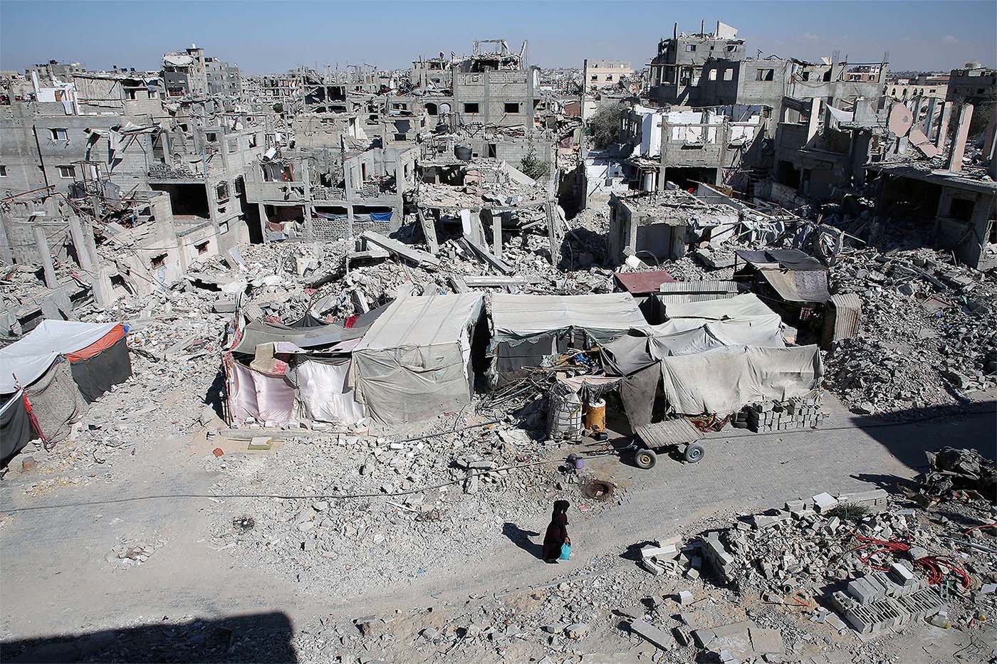The rubble of houses destroyed by Israeli strikes in Khan Younis in the southern Gaza Strip