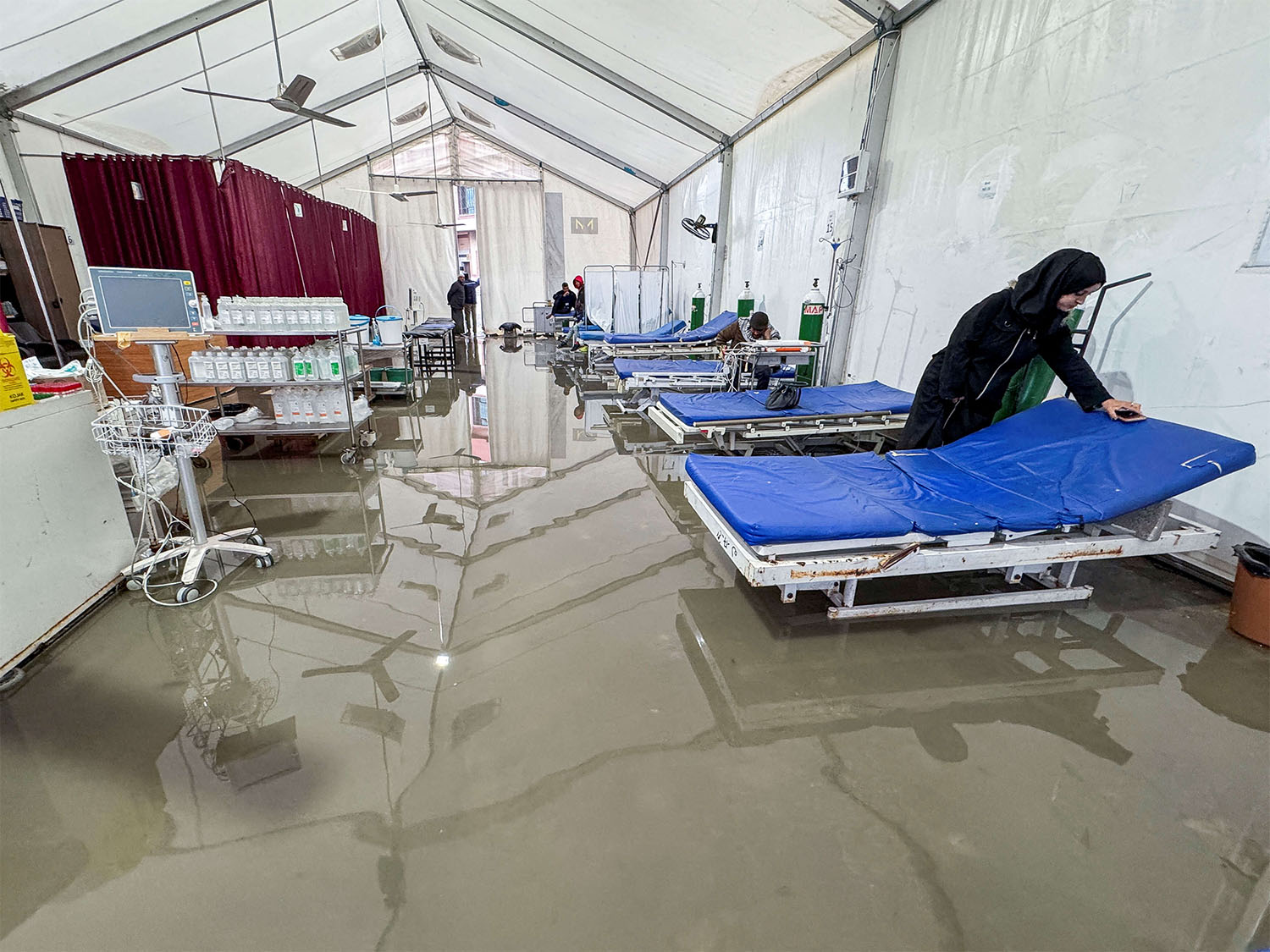 A field hospital is flooded following heavy rains in Khan Younis