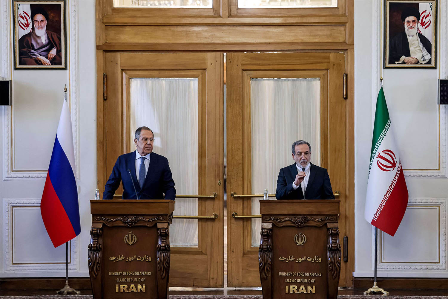 Iran’s FM Abbas Araghchi gives a joint press conference with Russian FM Sergei Lavrov in Tehran