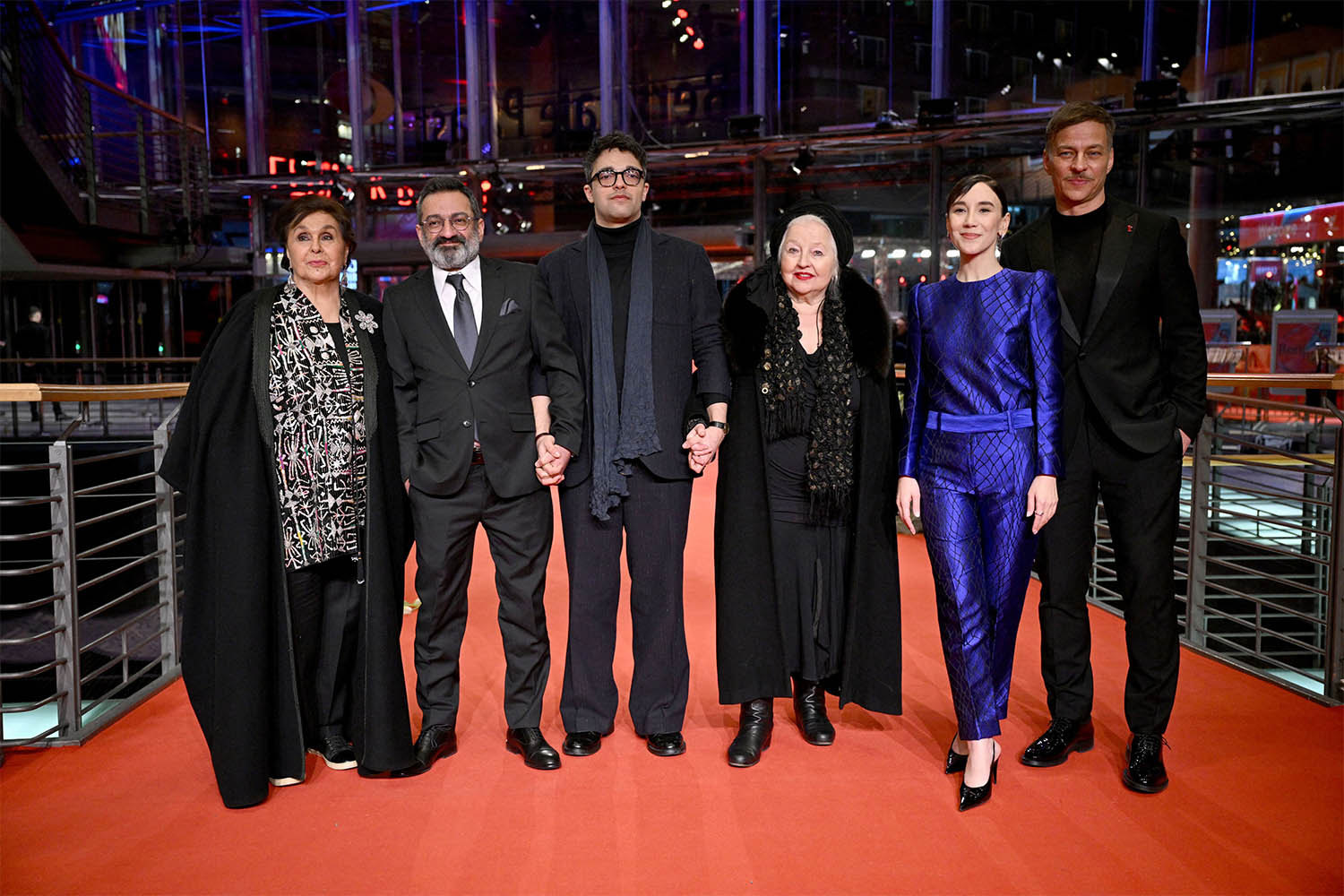 Cast member Georges Khabbaz, Hanna Schygulla, Sibel Kekilli, Tom Wlaschiha and Nidal Al Achkar and director Ameer Fakher Eldin attend the screening of the film Yunan at the 75th Berlinale International Film Festival in Berlin