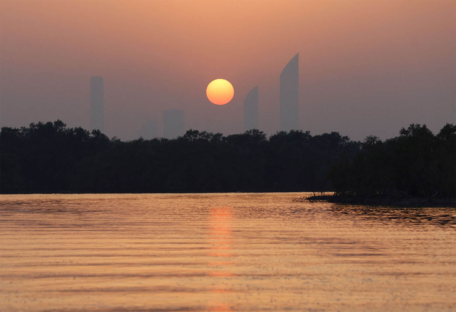 A general view of the sunset through the Eastern Mangrove National Park in Abu Dhabi